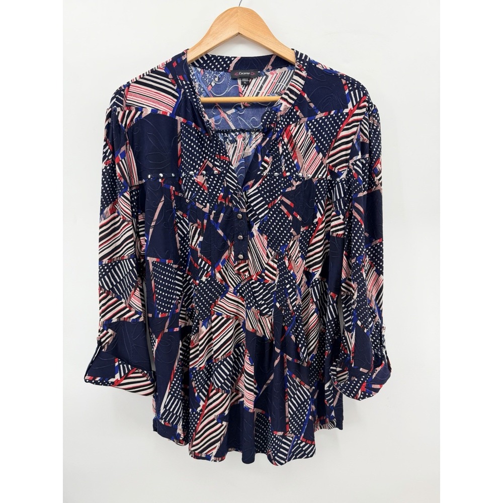 Cocomo XL Boho Patchwork Tunic Top Navy Blue Geometric Print Studded Blouse EE49